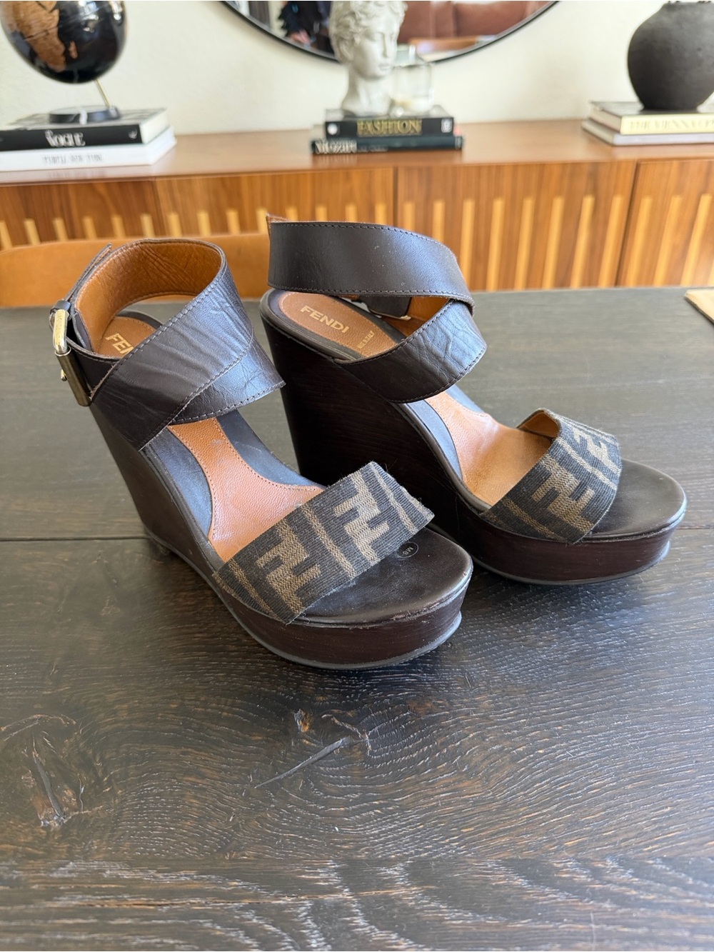 Fendi Brown FF Logo Leather Wedge Sandals